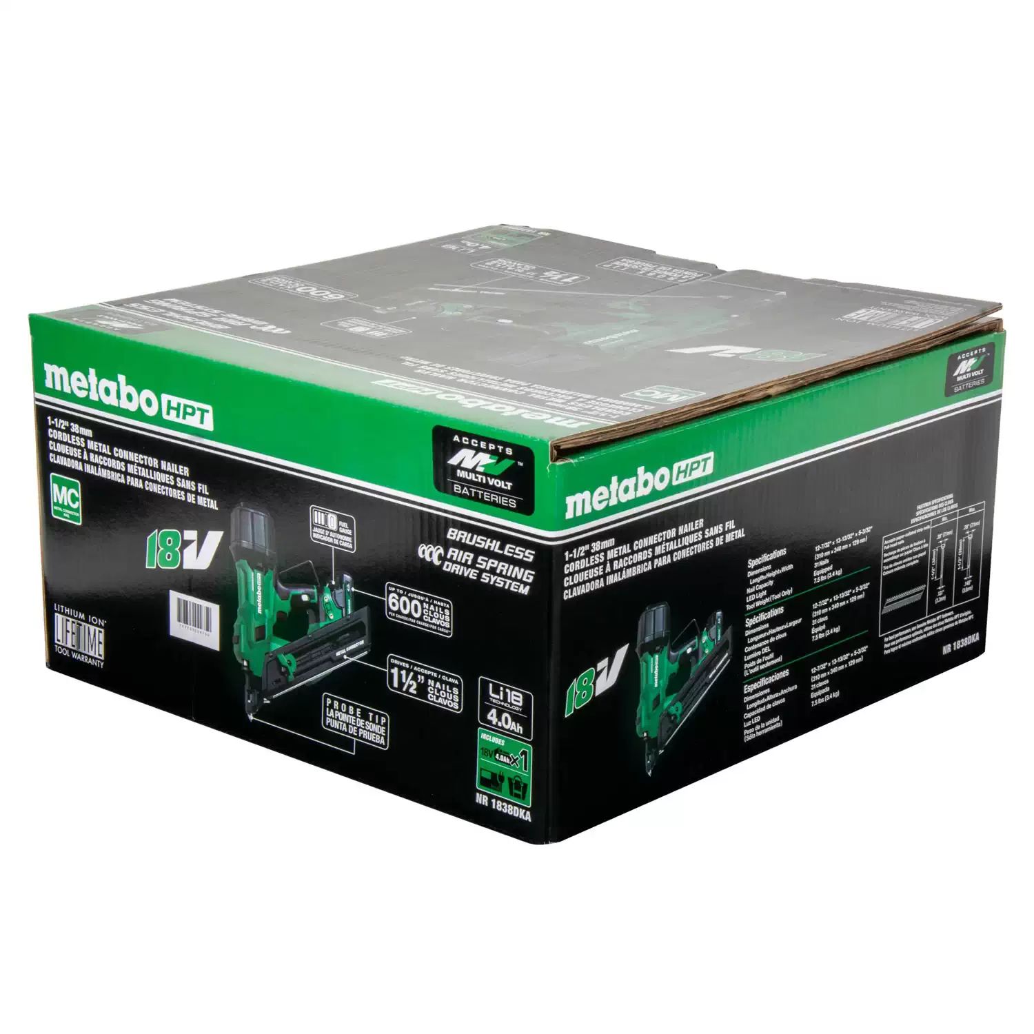 Metabo HPT NR1838DKA 18V MultiVolt Brushless 1-1/2" Metal Connector Nailer Kit, (1) 4AH